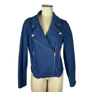 Lulus Made with Love Denim Jean Blue Moto Zip Up Collared Jacket Coat Size Large